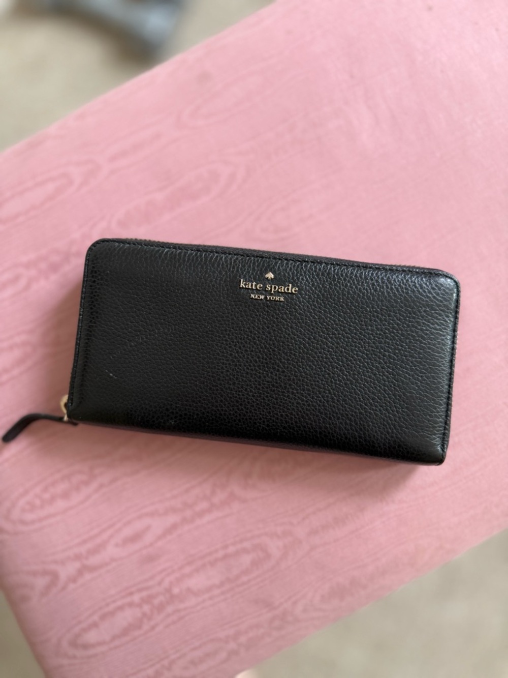 kate spade Black Pebbled Zip Wallet with Gold Logo